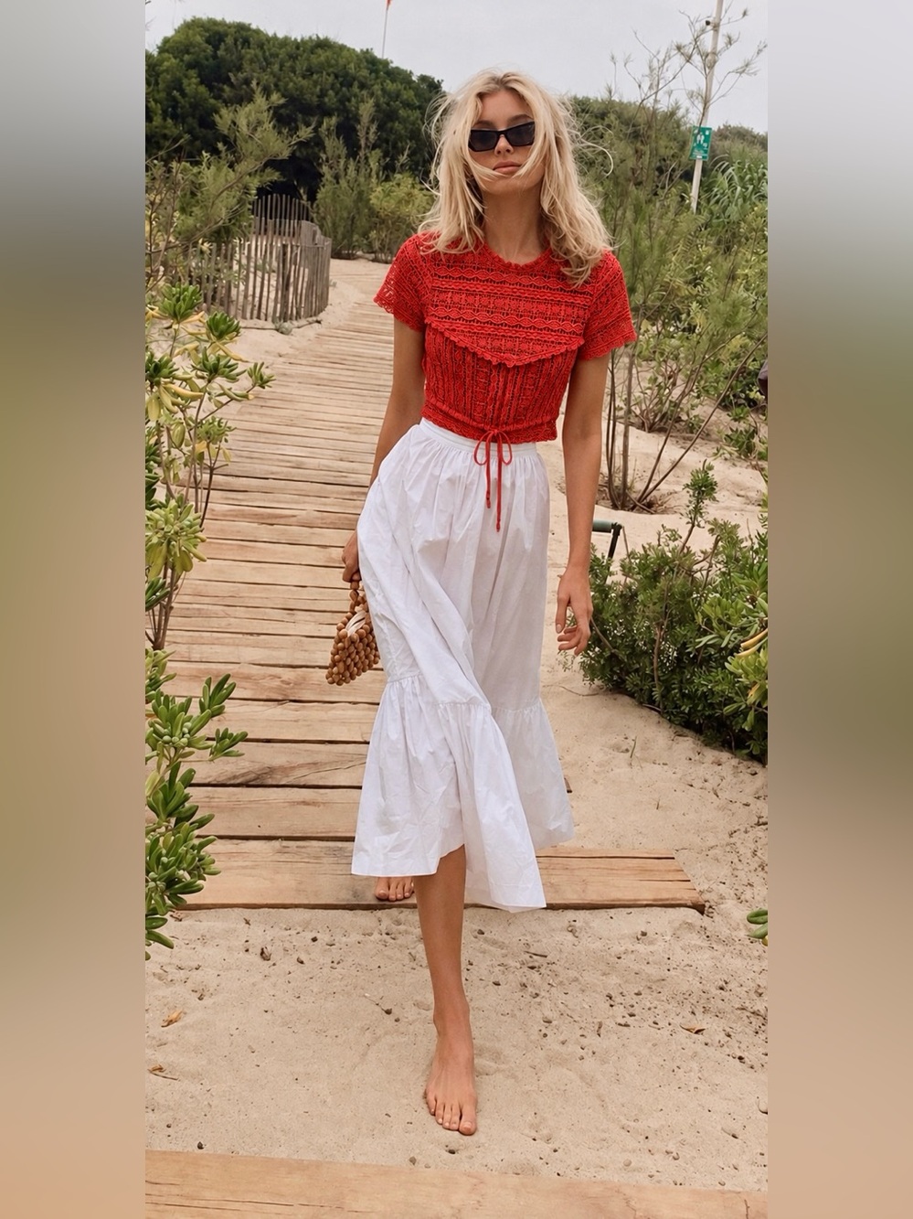 Carolina K Anthropologie Red Crochet Lace Short Sleeve Front Tie Top